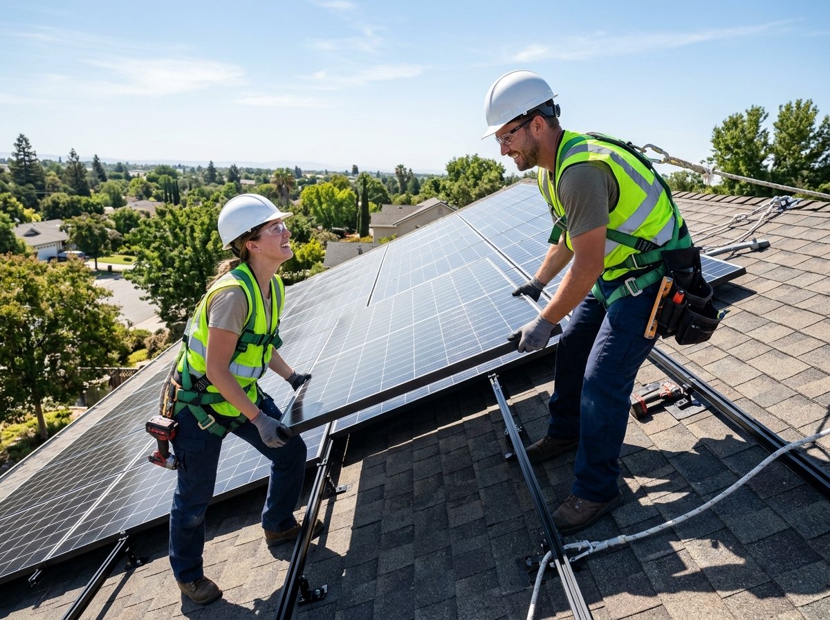 Equipe técnica de instalação da Solar Maia trabalhando em telhado com equipamentos de segurança